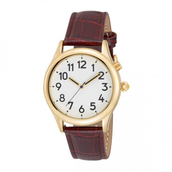 Man's Gold Tone Talking Watch White Face: Leather Band - Choice of Voice - Click Image to Close