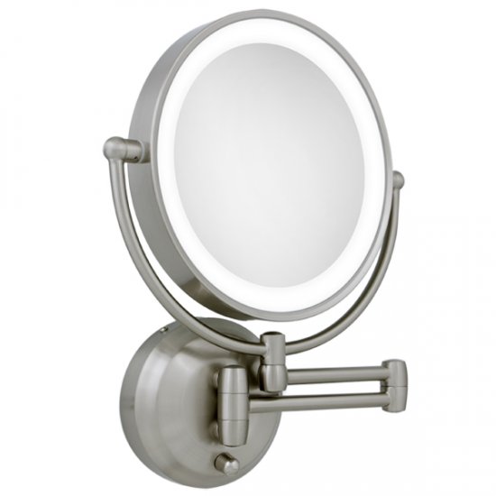 Zadro 10X / 1X LED Lighted Round Satin Nickel Wall Magnifying Mirror - Click Image to Close