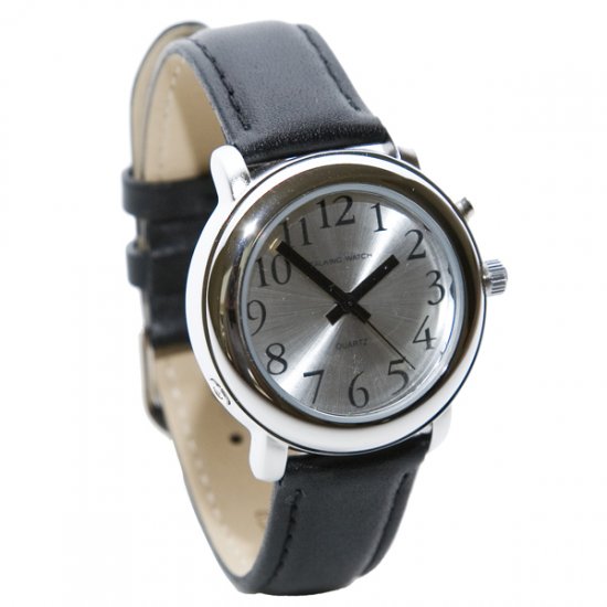 Unisex Chrome One Button Talking Watch - Black Leather Band