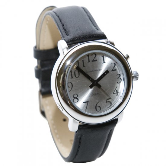 Unisex Chrome One Button Talking Watch - Black Leather Band - Click Image to Close