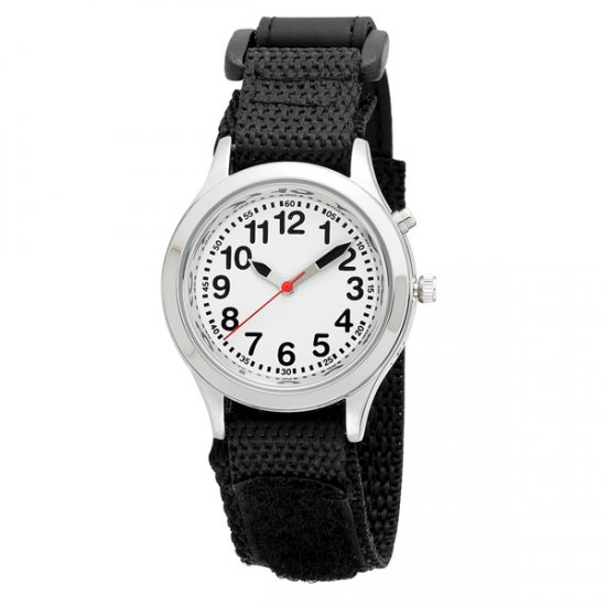 Ladies / Kids Talking Alarm Watch: Black Strap - Choice of Voice - Click Image to Close