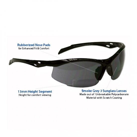 +2.5 Diopter Bifocal Safety Glasses: Smoke Grey Lenses