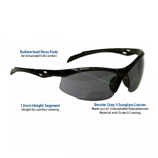 +2.5 Diopter Bifocal Safety Glasses: Smoke Grey Lenses - Click Image to Close