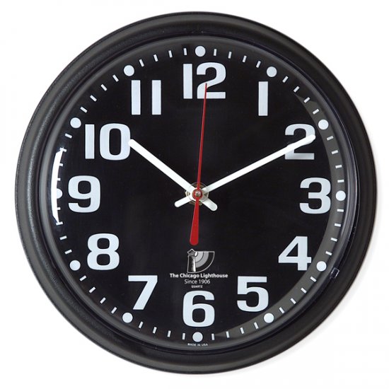 Chicago Lighthouse 9.25" Low Vision Quartz Wall Clock - Black Face with White Numbers