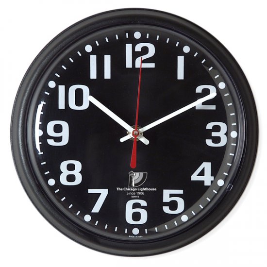 Chicago Lighthouse 9.25" Low Vision Quartz Wall Clock - Black Face with White Numbers - Click Image to Close