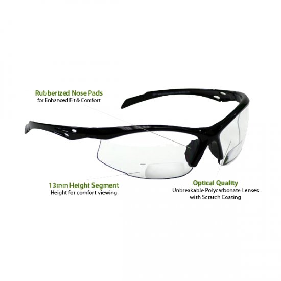 +2.5 Diopter Bifocal Safety Glasses: Clear Lenses
