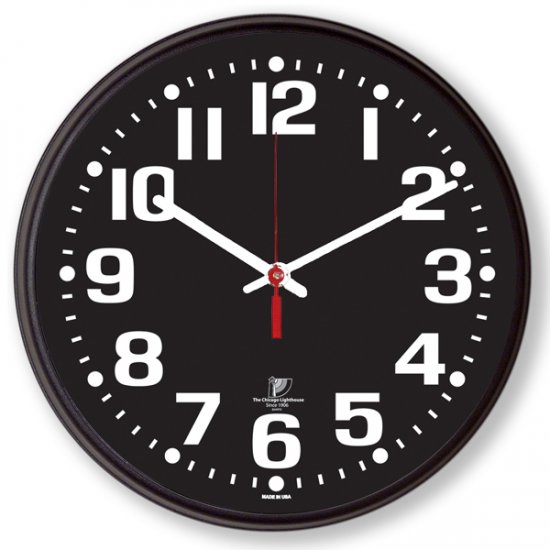 Chicago Lighthouse 12.75" Low Vision Quartz Wall Clock - Black Face with White Numbers - Click Image to Close