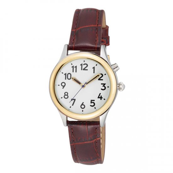 Ladies Two Tone Talking Watch White Face: Leather Band - Choice of Voice - Click Image to Close