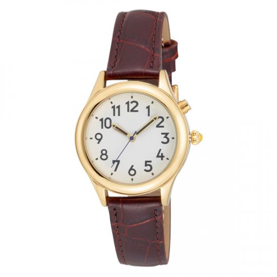 Ladies Gold Tone Talking Watch White Face: Leather Band - Choice of Voice - Click Image to Close