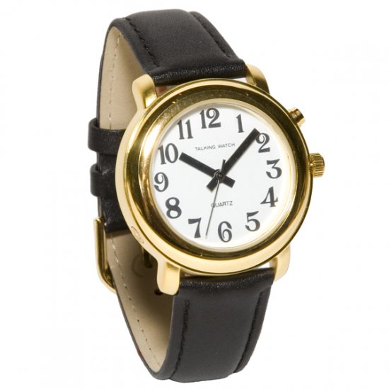 Unisex Gold One Button Talking Watch - Black Leather Band - Click Image to Close