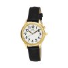 Ladies Gold Tone Talking Watch White Face: Leather Band - Black