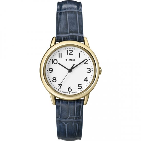 Timex Women's Indiglo Watch Gold with Date, Blue Leather Band