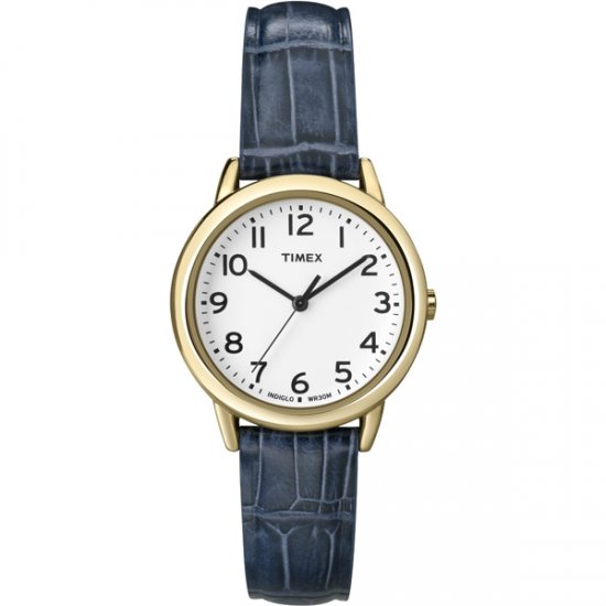 Timex Women's Indiglo Watch Gold with Date, Blue Leather Band - Click Image to Close