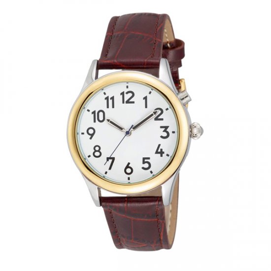 Man's Two Tone Talking Watch White Face: Leather Band - Choice of Voice - Click Image to Close