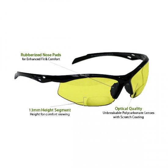 +2.0 Diopter Bifocal Safety Glasses: Yellow Lenses