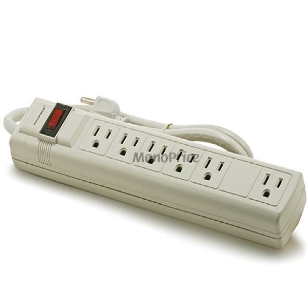 6 Outlet Power Strip 90 Joules Surge Protection - Plastic w/ 3FT Cord - Click Image to Close