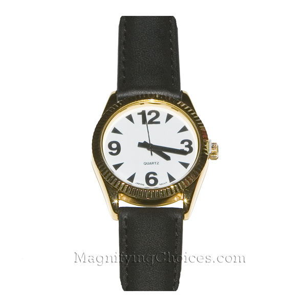 Unisex Low Vision Watch Gold Tone White Face Leather Band - Click Image to Close
