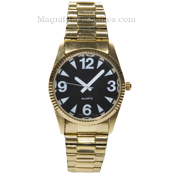 Men's Gold Tone Low Vision Watch Black Face - Click Image to Close